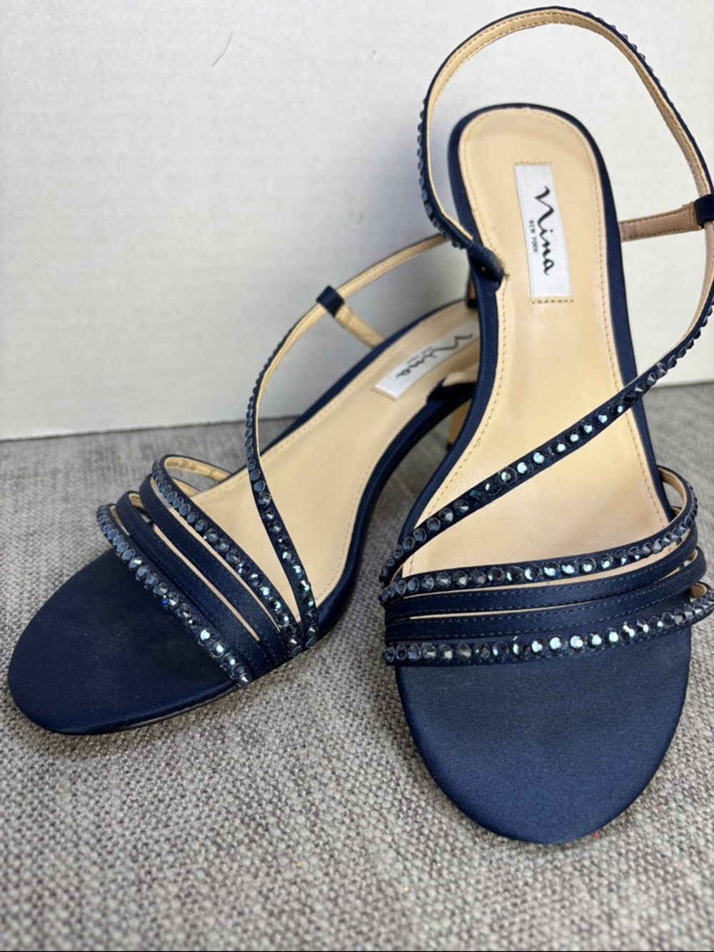 Nina Navy Strappy Rhinestone Slingback Heels